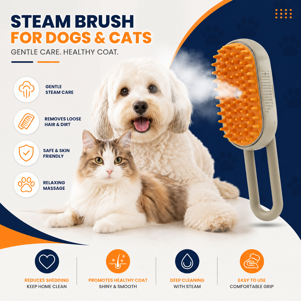 Steam Brush for Dogs & Cats | 3-in-1 Pet Grooming & Massage Brush with One-Click Spray