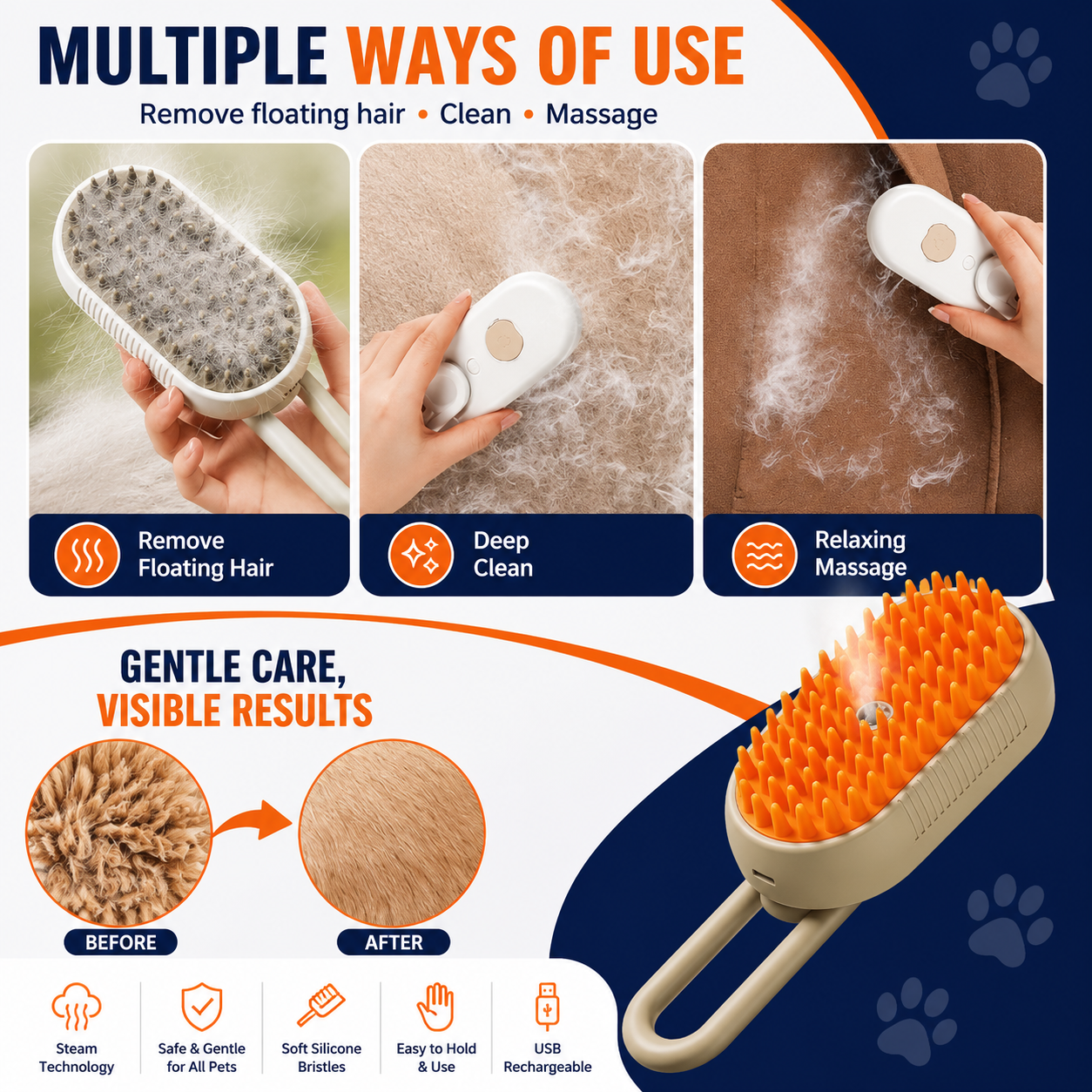 Steam Brush for Dogs & Cats | 3-in-1 Pet Grooming & Massage Brush with One-Click Spray