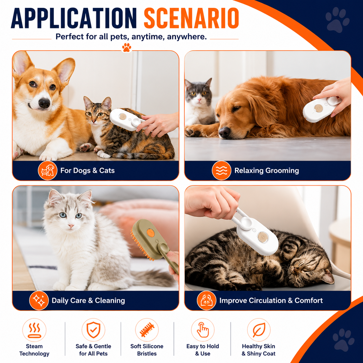 Steam Brush for Dogs & Cats | 3-in-1 Pet Grooming & Massage Brush with One-Click Spray