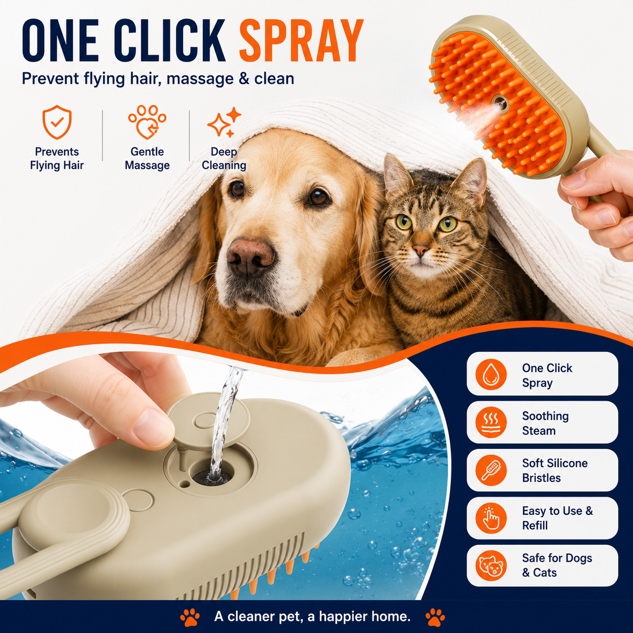 Steam Brush for Dogs & Cats | 3-in-1 Pet Grooming & Massage Brush with One-Click Spray