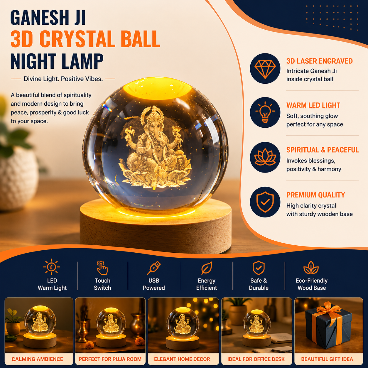 Ganesh Ji 3D Crystal Ball Night Lamp | LED Spiritual Crystal Lamp