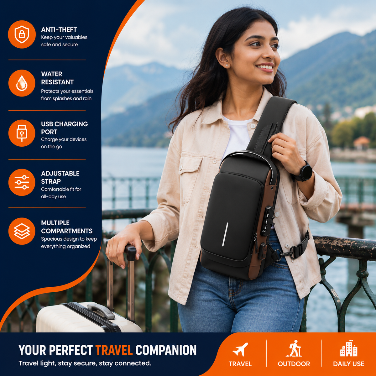 Anti-Theft Chest Sling Backpack | USB Charging Travel Bag